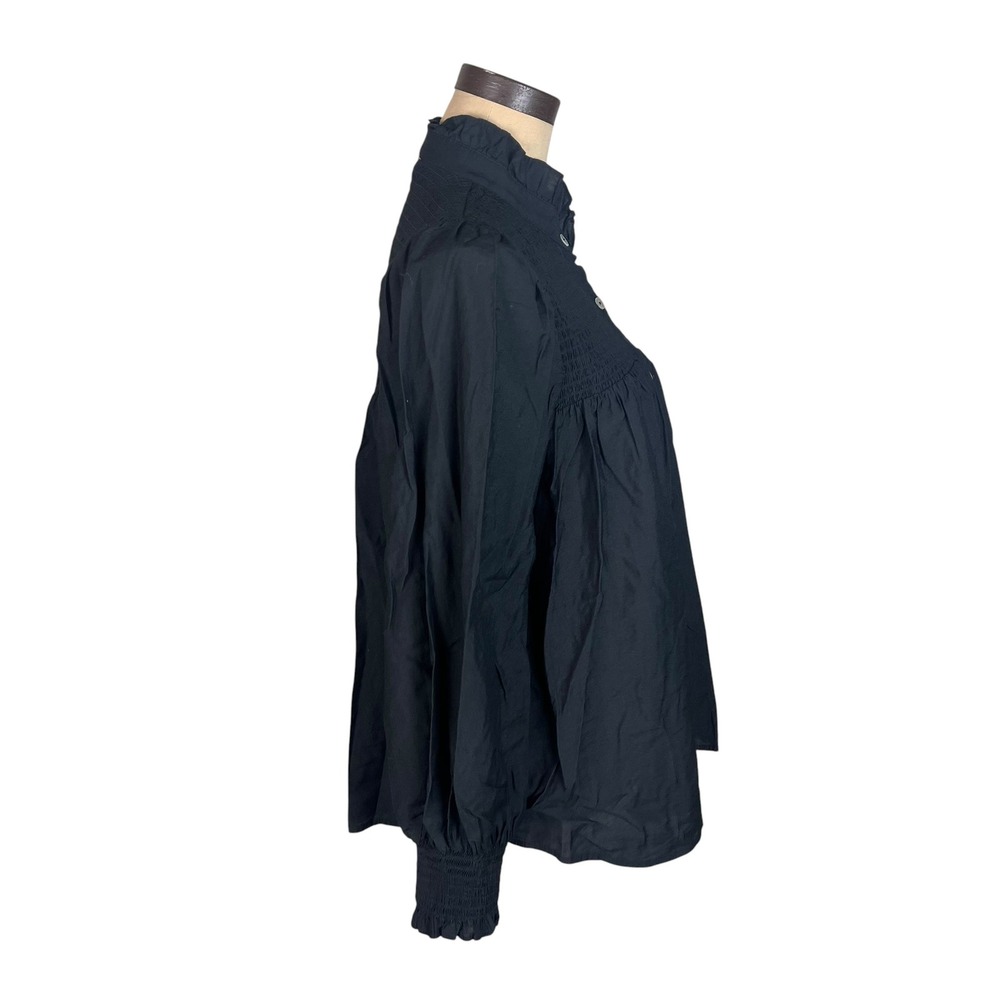 Pomander Place Womens XL Black Smocked Ruffle Neck Button Front Blouse Top - Picture 3 of 10